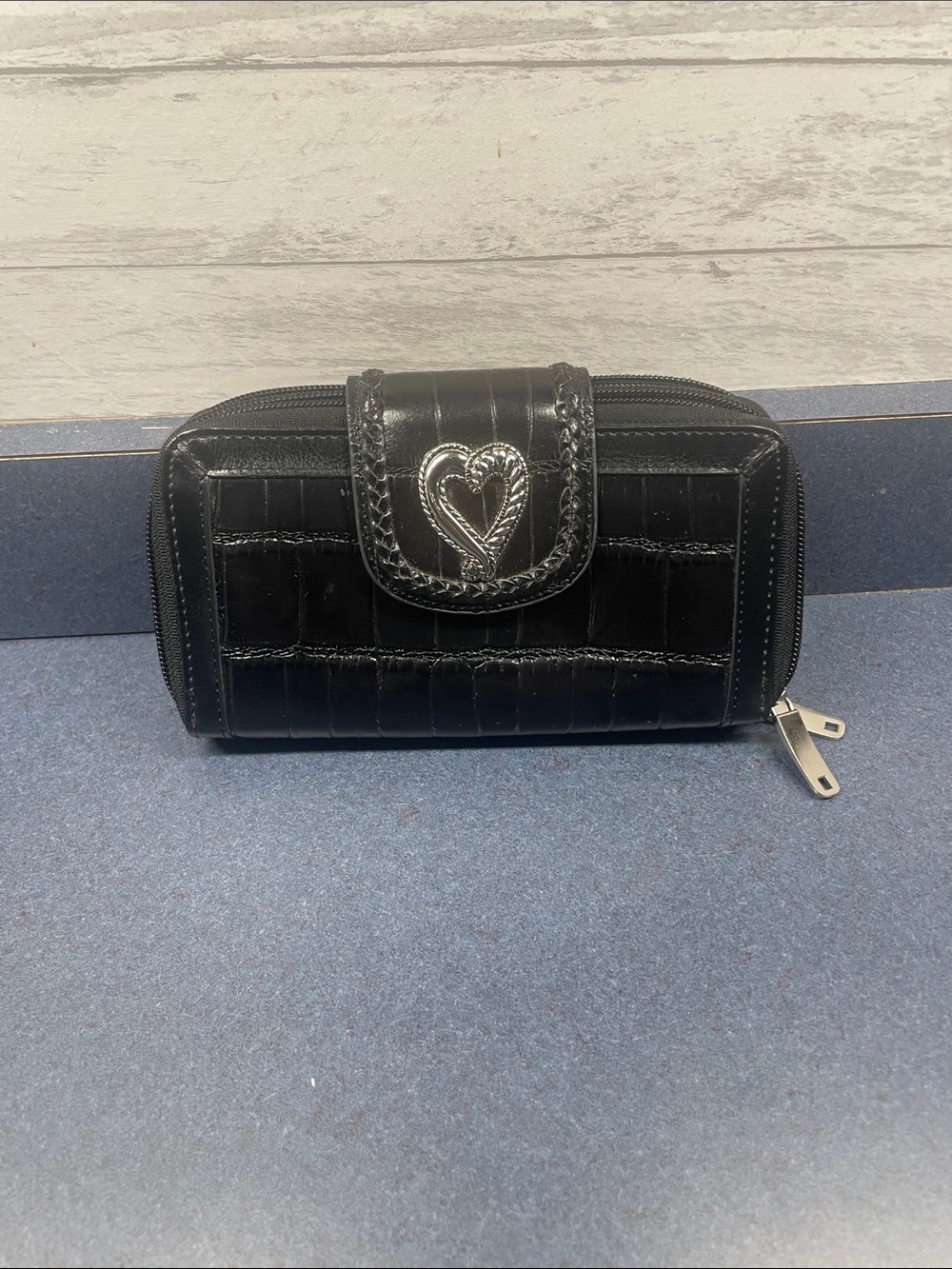 Black Women's Zip-Around Wallet with Heart Accent